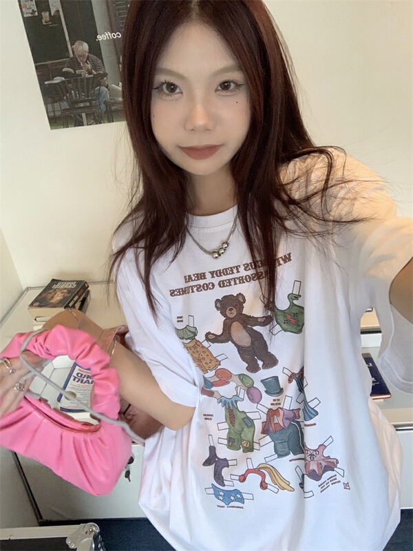 [dolly] American retro bear print loose Casual Short Sleeve T-shirt 9393\pcz