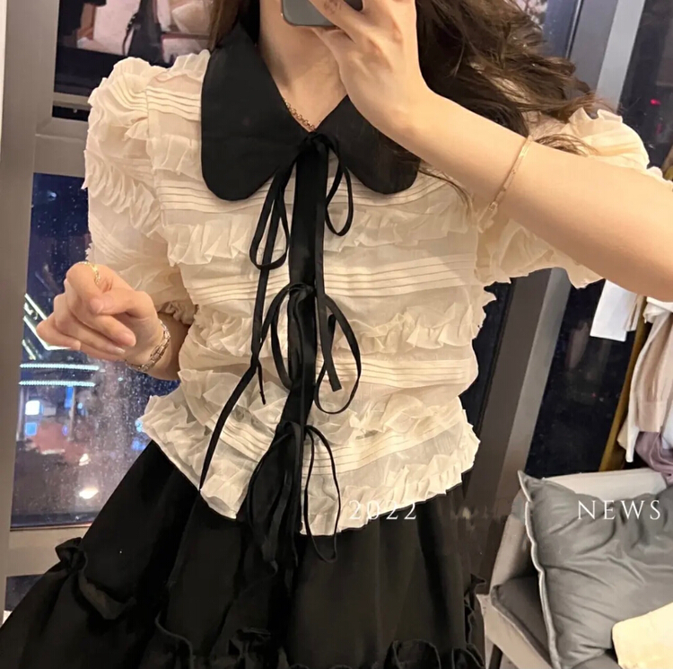 [Daidai] contrast color aging baby collar heavy industry pleated design small shirt (only selling small shirts) 0517\hbx