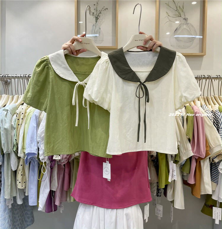 [Max original] fresh and simple contrast color collar Tie Shirt 98292\hbx