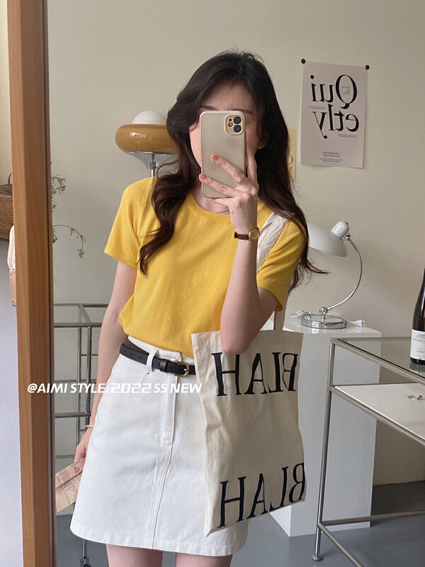 [aimistyle] niche solid color round neck short sleeve T-shirt 13723\hbx