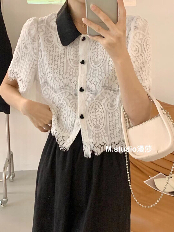 [MSTUDIO MANSA] French celebrity color blocking lace blouse 829\ll