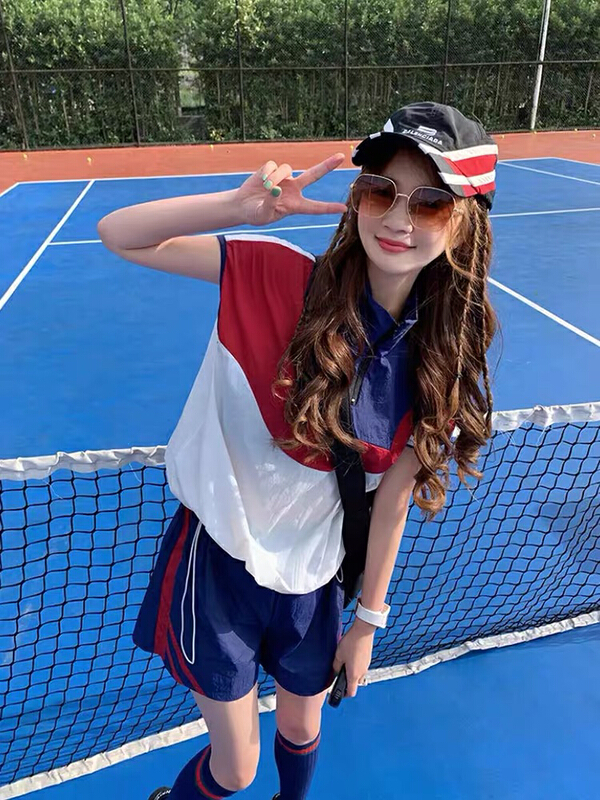 [jun.t] advanced retro stitched casual Top + Sports Shorts Set 6067\pcz