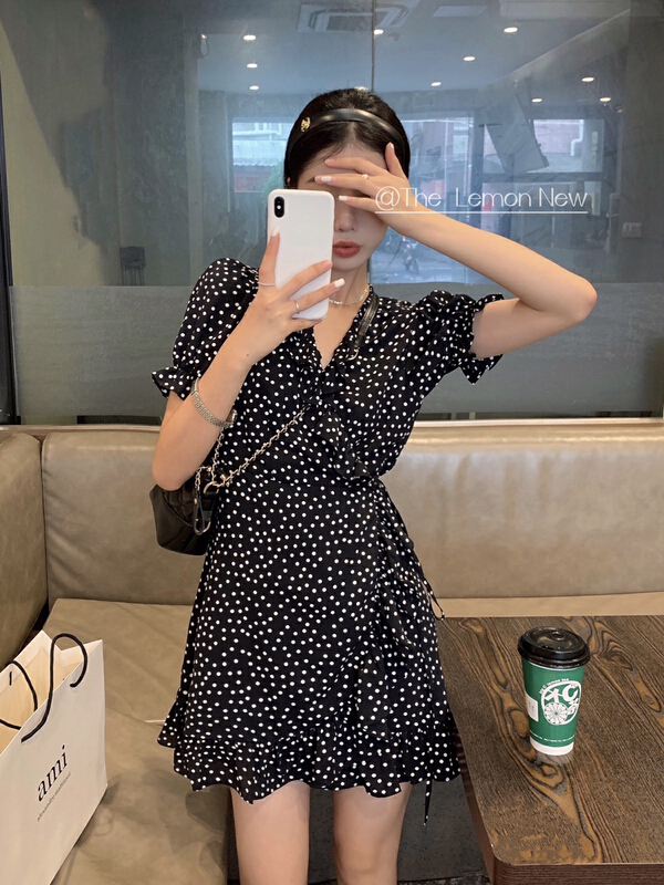 [lemon green tea] Korean version lotus leaf edge polka dot dress 2217\hjy