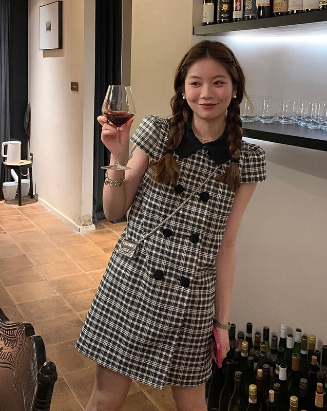 【N】 Double row button check versatile dress 0835\wtt