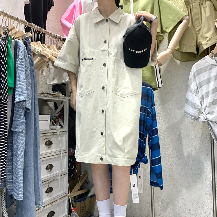 【8】 Japanese simple loose pocket single breasted medium length slim dress 9960\xyy