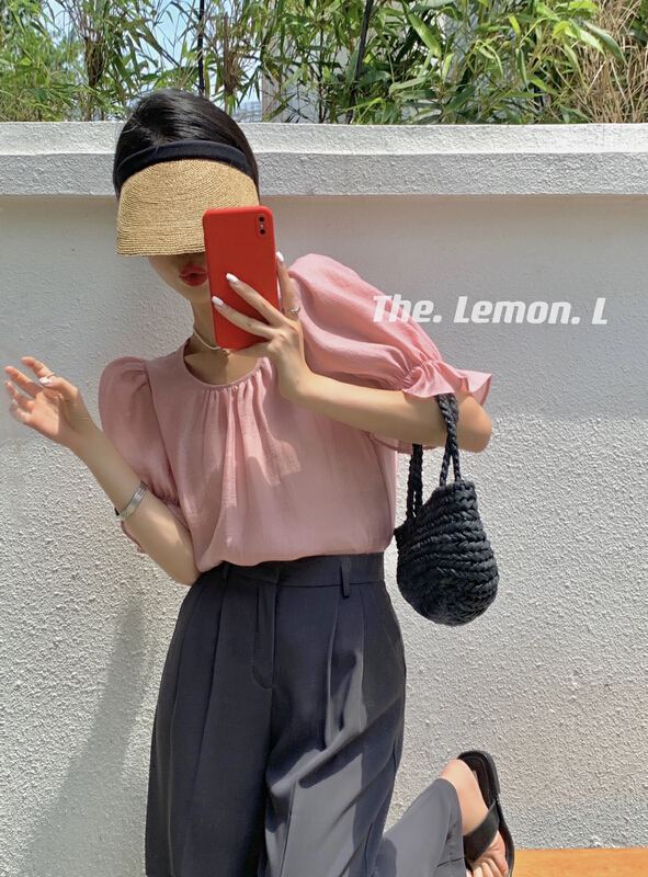 [lemon green tea] Korean round neck loose shirt ys3-2201\hjy