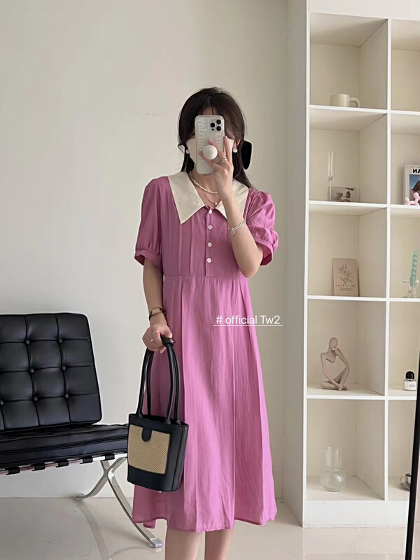 [TW2] Korean slim contrast Lapel dress (with waist rope) 15276\hbx