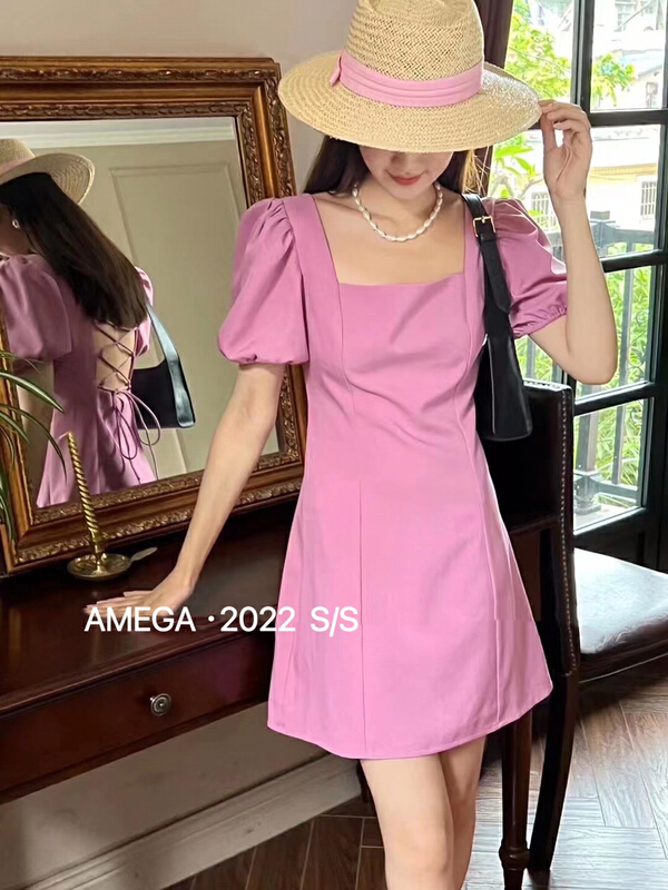 In early summer! [amega] square neck waist slimming dress 6799\hbx