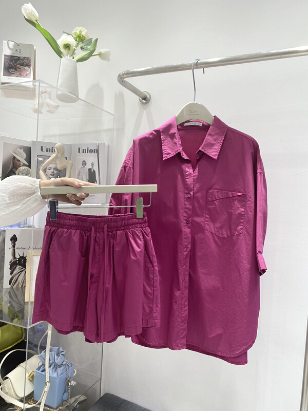 [Qixi] simple solid color loose shirt + casual shorts two piece suit 6108\xyy