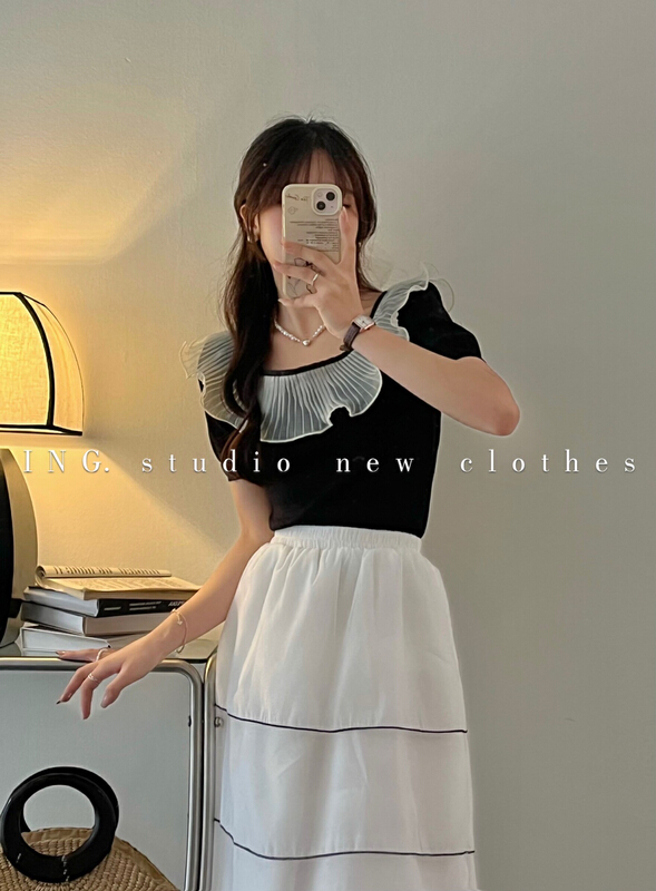 [ing] French minority lotus leaf collar T-shirt w3552