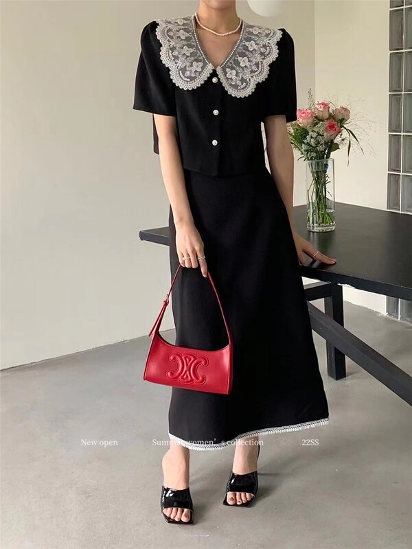 [bestie] Han Shu's color contrast short sleeve shirt + medium length clean color skirt set 1605\hjy