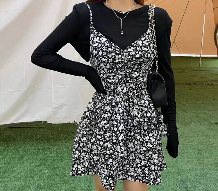 [mi ni] round neck loose sunscreen shirt + sling slim dress set 1236\pcz