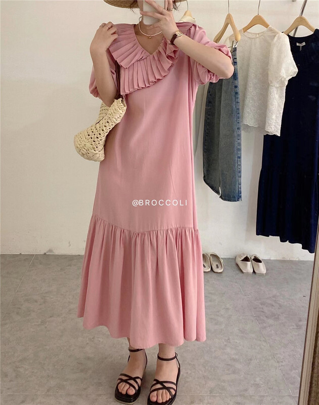 [broccoli] V-neck pleated fishtail casual dress (dress only) 065\zjy
