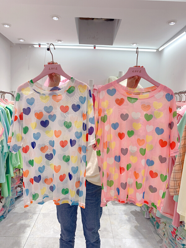 [love] screen peach heart versatile foreign style short sleeve T-shirt 3223\wtt