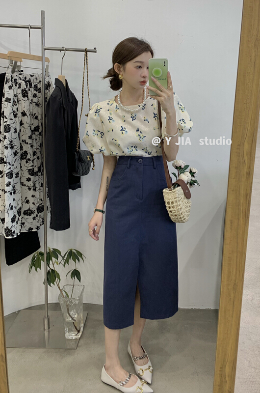 [y.jia EJA] Korean floral bubble sleeve shirt + slim and versatile skirt two piece suit (with necklace) ys1-1017\pcz