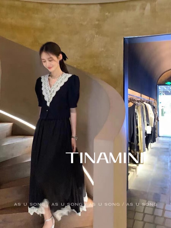 [tinamini] elegant temperament lace stitched V-neck blouse + medium length skirt set ys1-6802\hjy