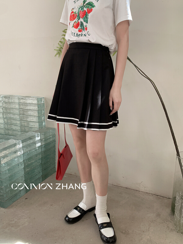 [CZ Zhang] college style color block high waist thin A-line pleated skirt 62502\jhy