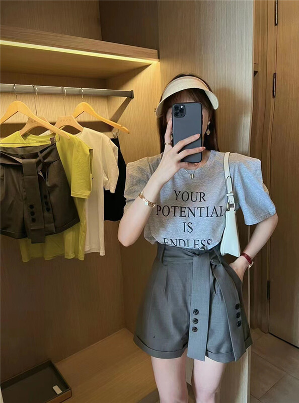 [h2-studio] high waist slim wide leg casual shorts (with belt) (excluding short sleeves) a1005\hbx