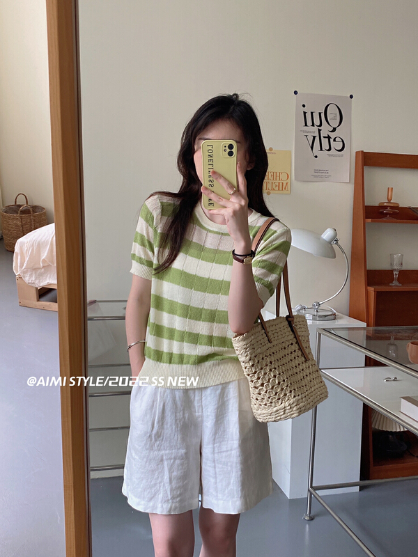 [aimistyle] contrast stripe crew neck T-shirt 66337\hbx