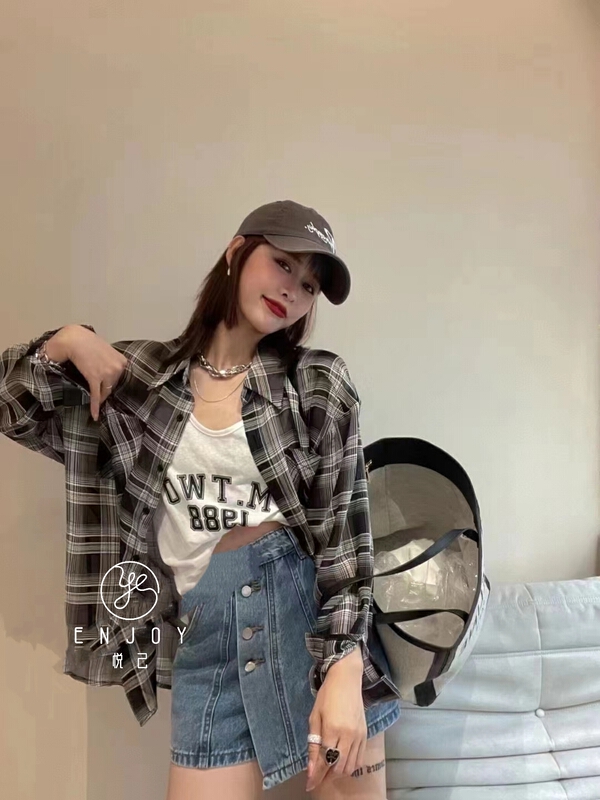 [enjoy · joy] simple and versatile letter vest -+ casual simple breasted plaid shirt set 8878\pcz