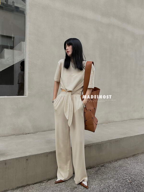 [OSHA madeinost] bandage short T and leisure Wide Leg Pants Set double-sided silky 86512