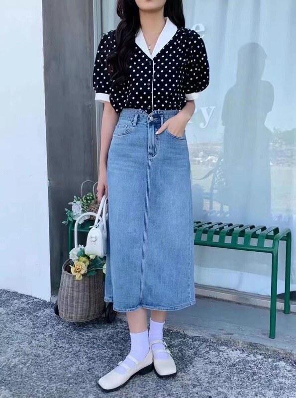 [x2 square] Korean simple medium length denim skirt 270\ll