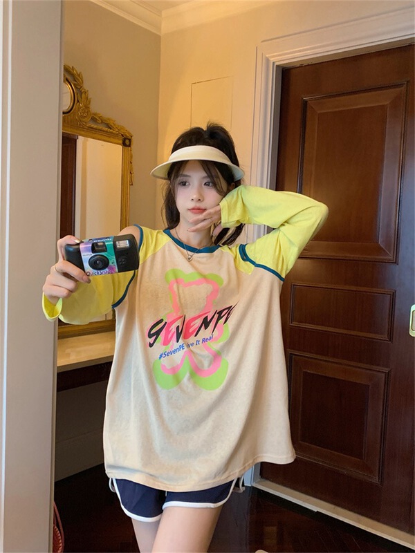 [wht] bear color blocking off shoulder loose sun shirt 5112\wtt