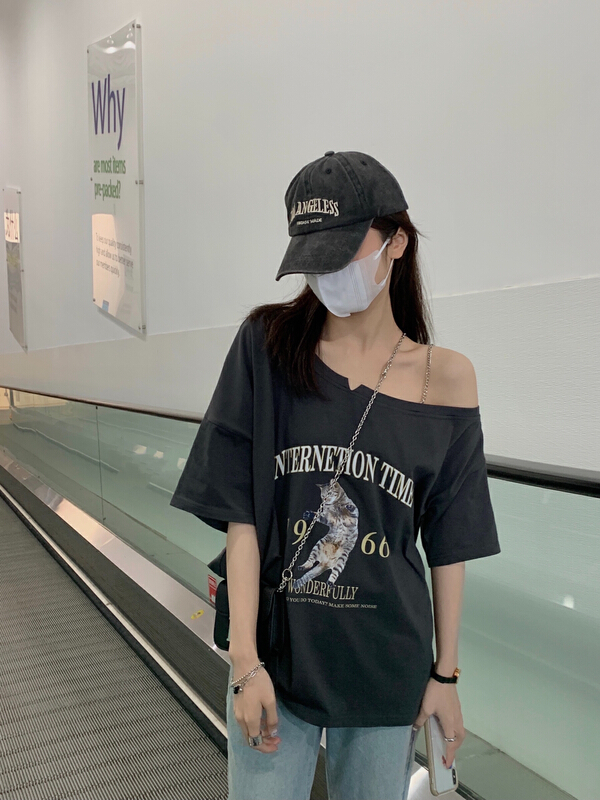 [dolly] one shoulder two wear lettered short sleeve T-shirt 7338\pcz