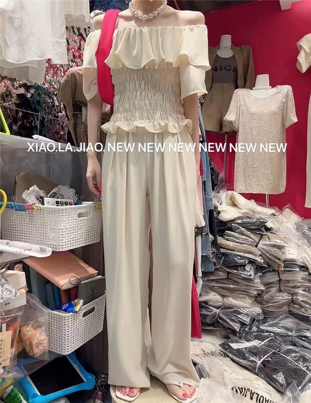 [small pepper] narrow waisted off shoulder shirt + wide leg casual pants set 825\pcz