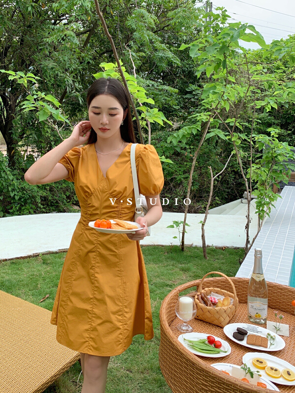 In early summer! [JYZ] Korean bubble sleeve V-neck dress ys1-7853\l