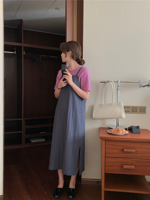 [feeding] Korean pure color loose Sling Dress 7800-h7\cqw