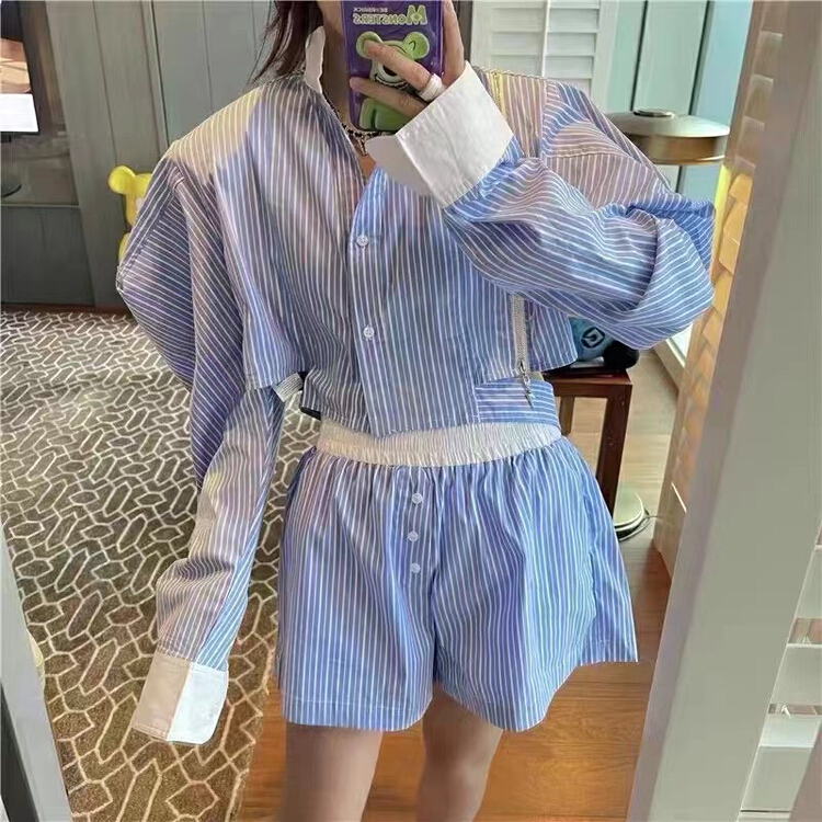 [keen k] Korean silhouette stripe color matching shirt + casual Shorts Set tz65\wtt