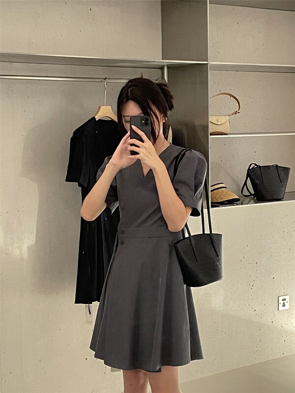 [clean space] temperament one piece lace up bubble sleeve dress 32138\cqw