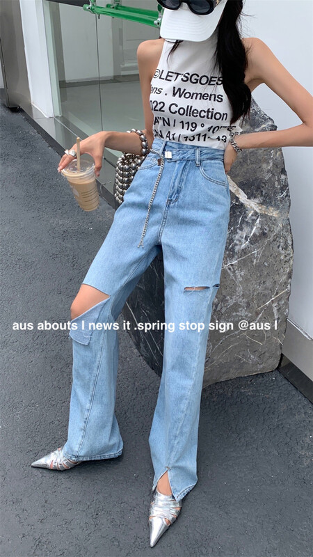 【 aus 】 personalized waist design ripped jeans 6853-2\lsw