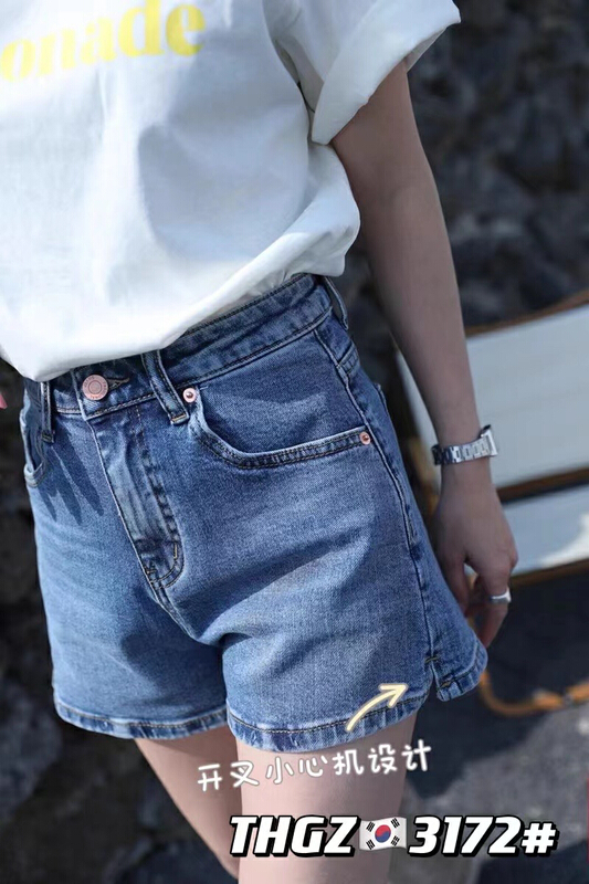 [thgz] back leather elevation elastic small split denim shorts 3172\ll