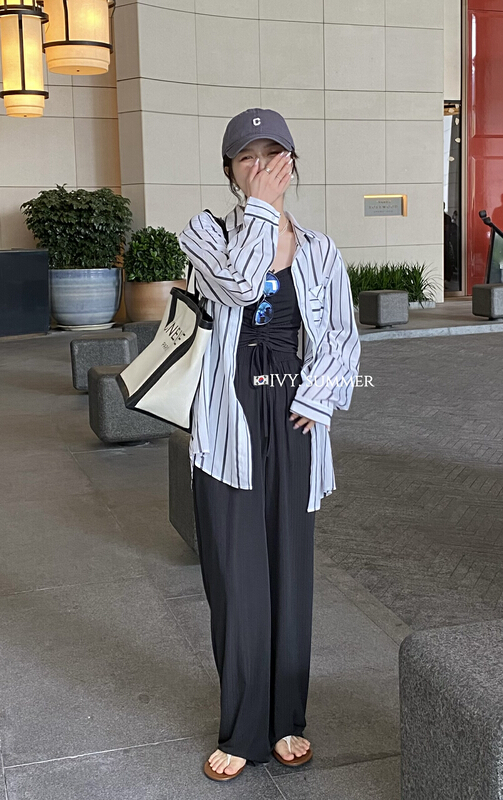 [Ivy] striped comfortable shirt + design drawstring sling + slim wide leg casual pants set 88289\jhy