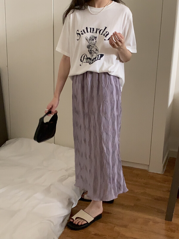 [Gabrielle] elastic waist wavy pleated skirt b2287\zxl