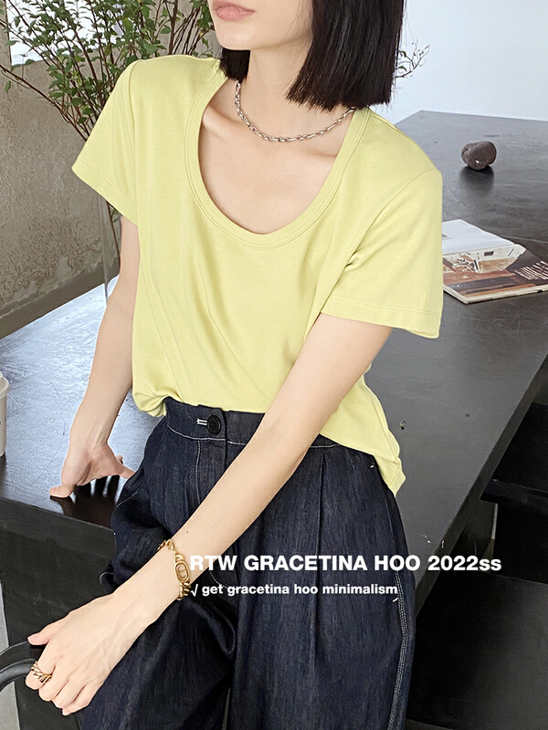 [gracetina Hoo] chic drip neck micro loose short sleeve T-shirt t6209