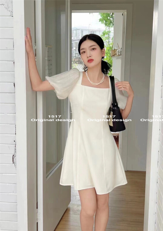 [1517] square neck color contrast bubble sleeve temperament dress l993\zjy