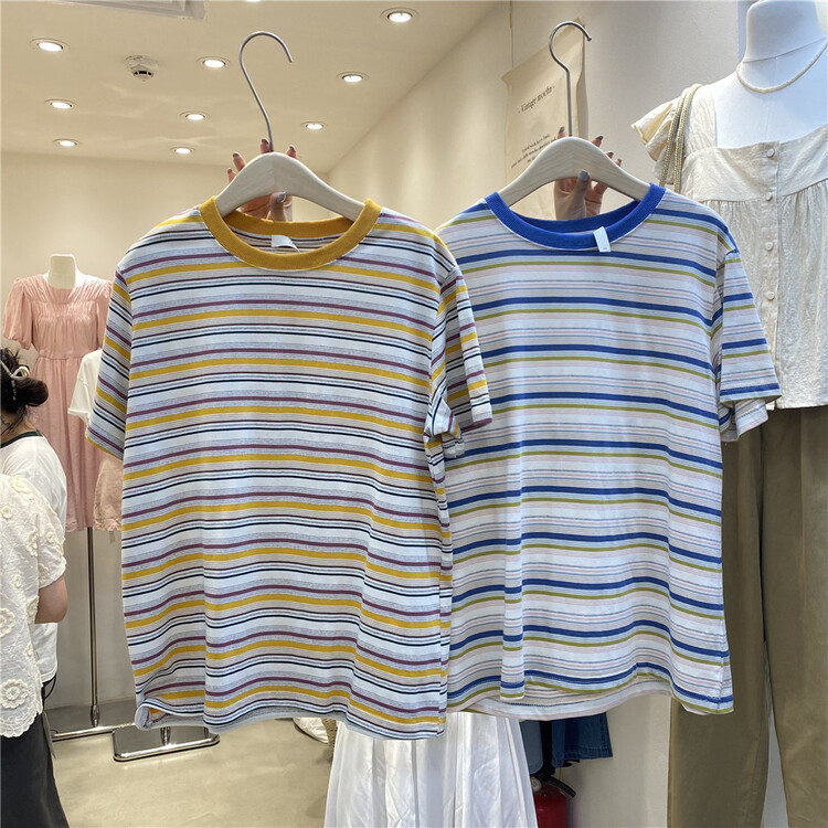 【E】 Loose stripe versatile comfortable short sleeve T-shirt j075\xyy