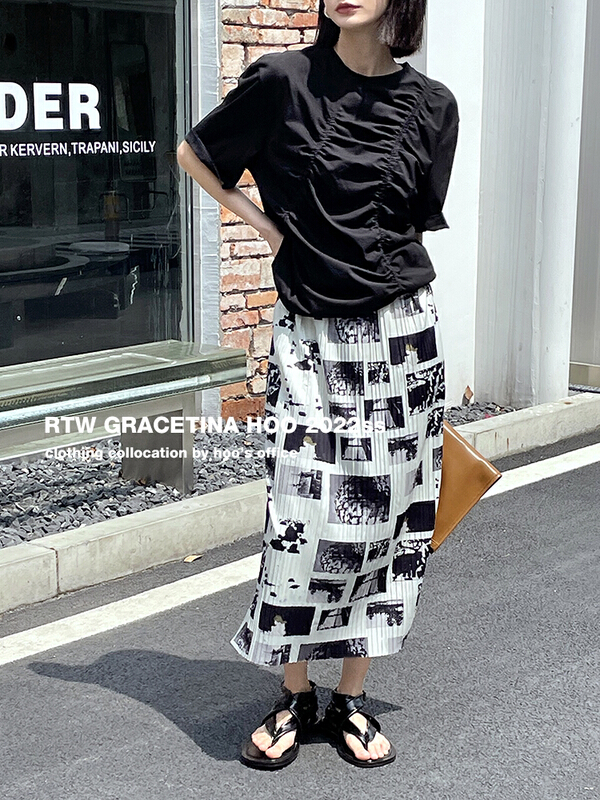 [gracetina Hoo] artistic splash ink printed pleated skirt skirt skirt bq6186\zxl