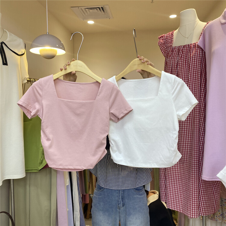 [cepar] Korean version square neck short sleeve T-shirt 7228\hjy