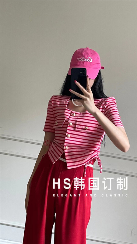 [HS customized in Korea] Korean version square neck drawstring stripe shirt 7153\hjy