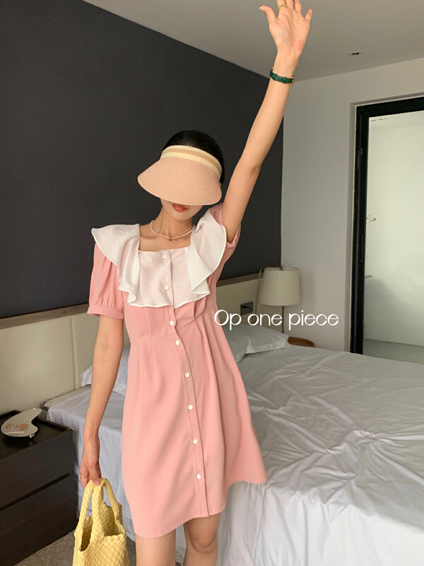 [OP one piece] French Ruffle collar single breasted dress op60013\hjy