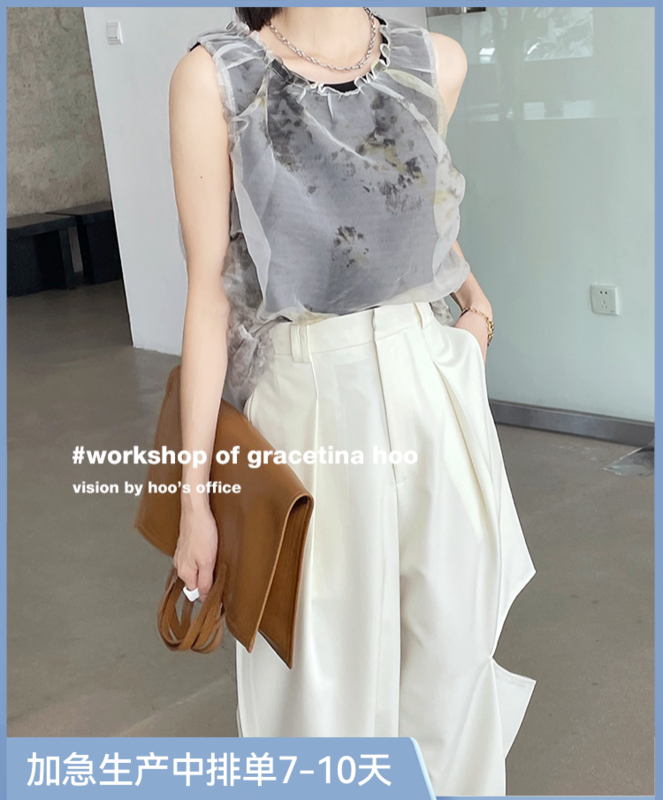 [gracetina Hoo] niche design pleated mesh shirt knitted seersucker block lazy loose cs6215