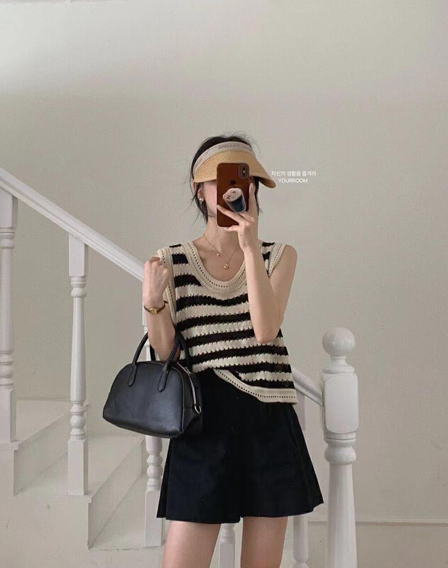 [U grain] stripe Vintage knitted vest / sling 05017\hbx