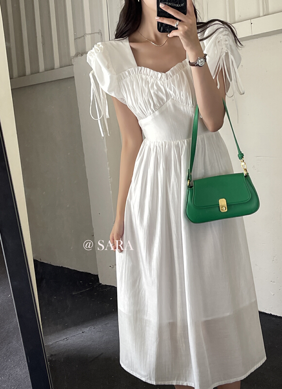 [Sara] French sweet peach neck design waist closing thin dress 90052\lwy