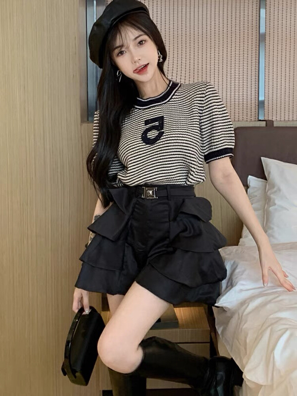 In early summer! [JH] striped loose shirt + comfortable and versatile skirt and Pants Set (with belt) (excluding matching) 41320\pcz