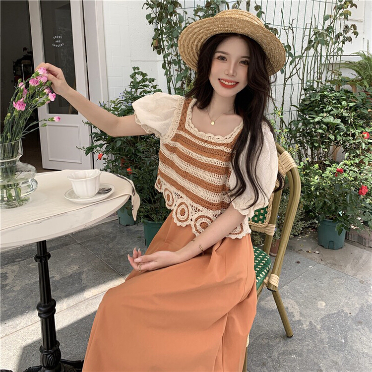 [f · P] soft and sweet wind square neck bubble sleeve hollowed out shirt c542\hbx
