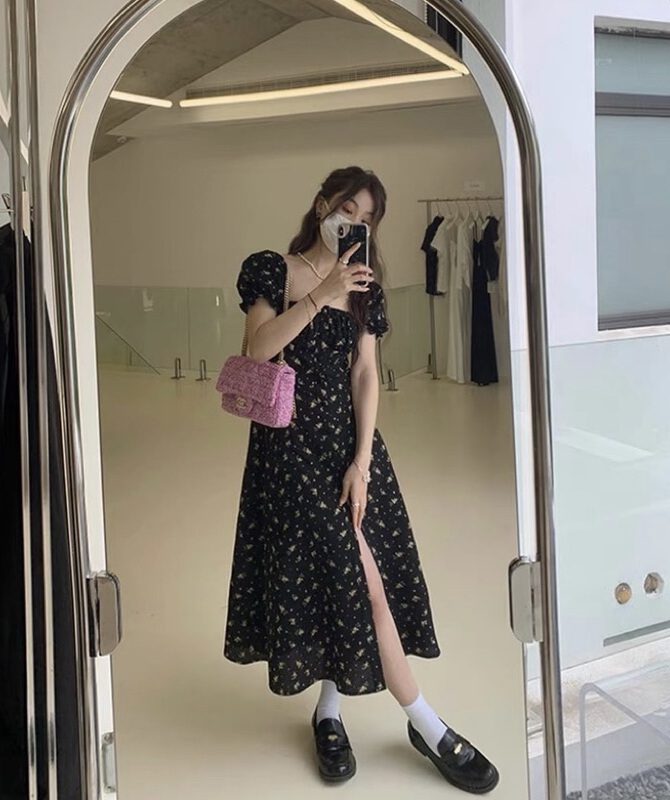 [keen k] French floral bubble sleeve open chest button dress l105\wtt